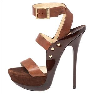 JIMMY CHOO ANKLE STRAP PLATFORM SANDALS BROWN LEATHER & SUEDE SIZE 37 1/2